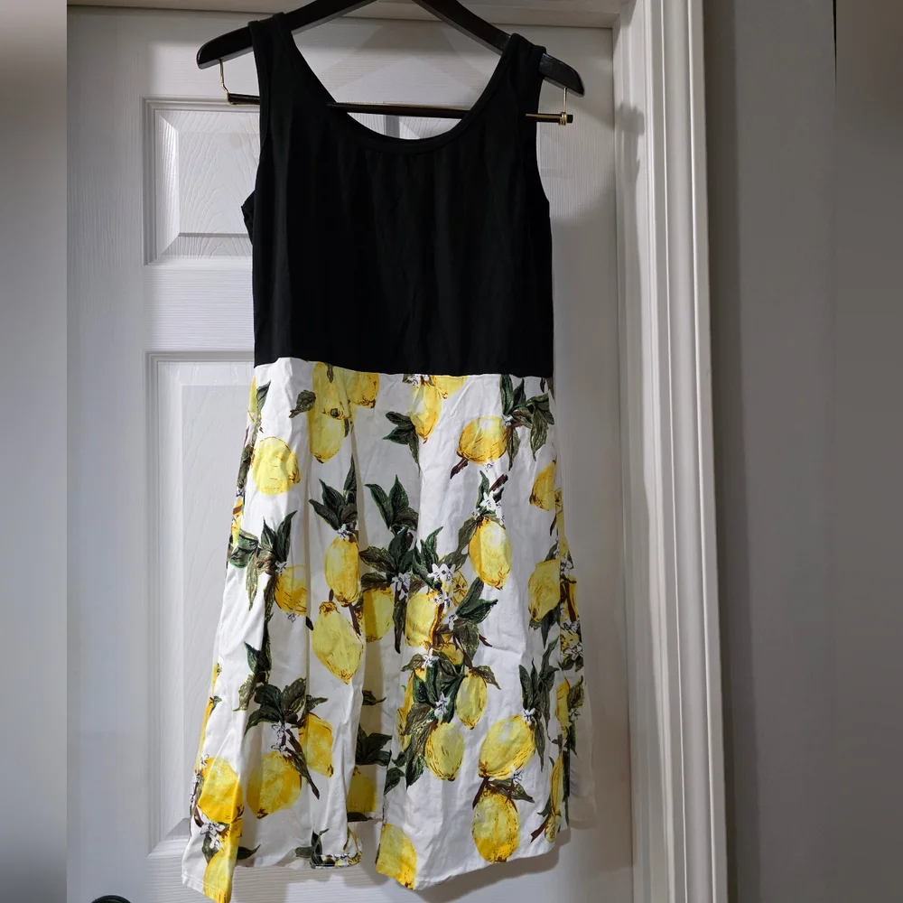 Summer Casual Scoop Neck Lemon A Line Swing Casual Party Dress Pockets Chic. XL